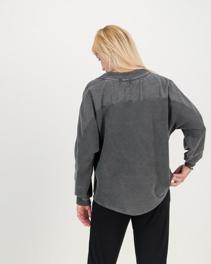 Batwing Overdyed Sweatshirt, charcoal color with black comfy pants. Longer back