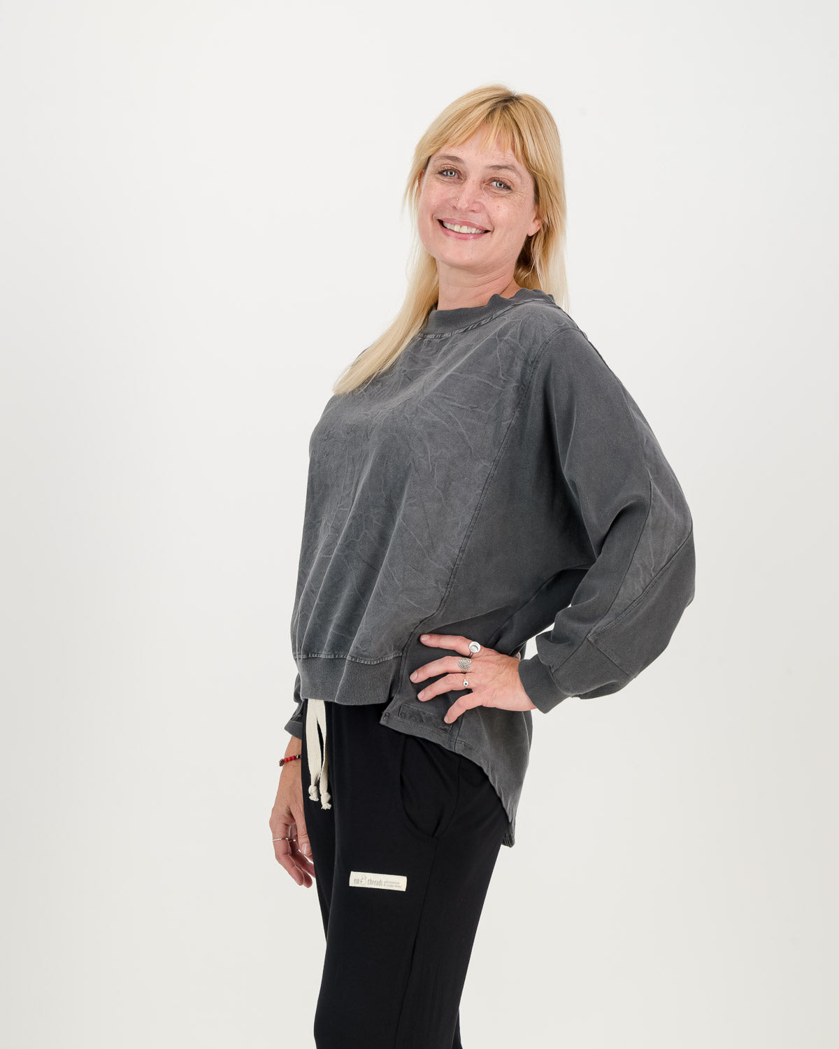 Batwing Overdyed Sweatshirt, charcoal color with black comfy pants