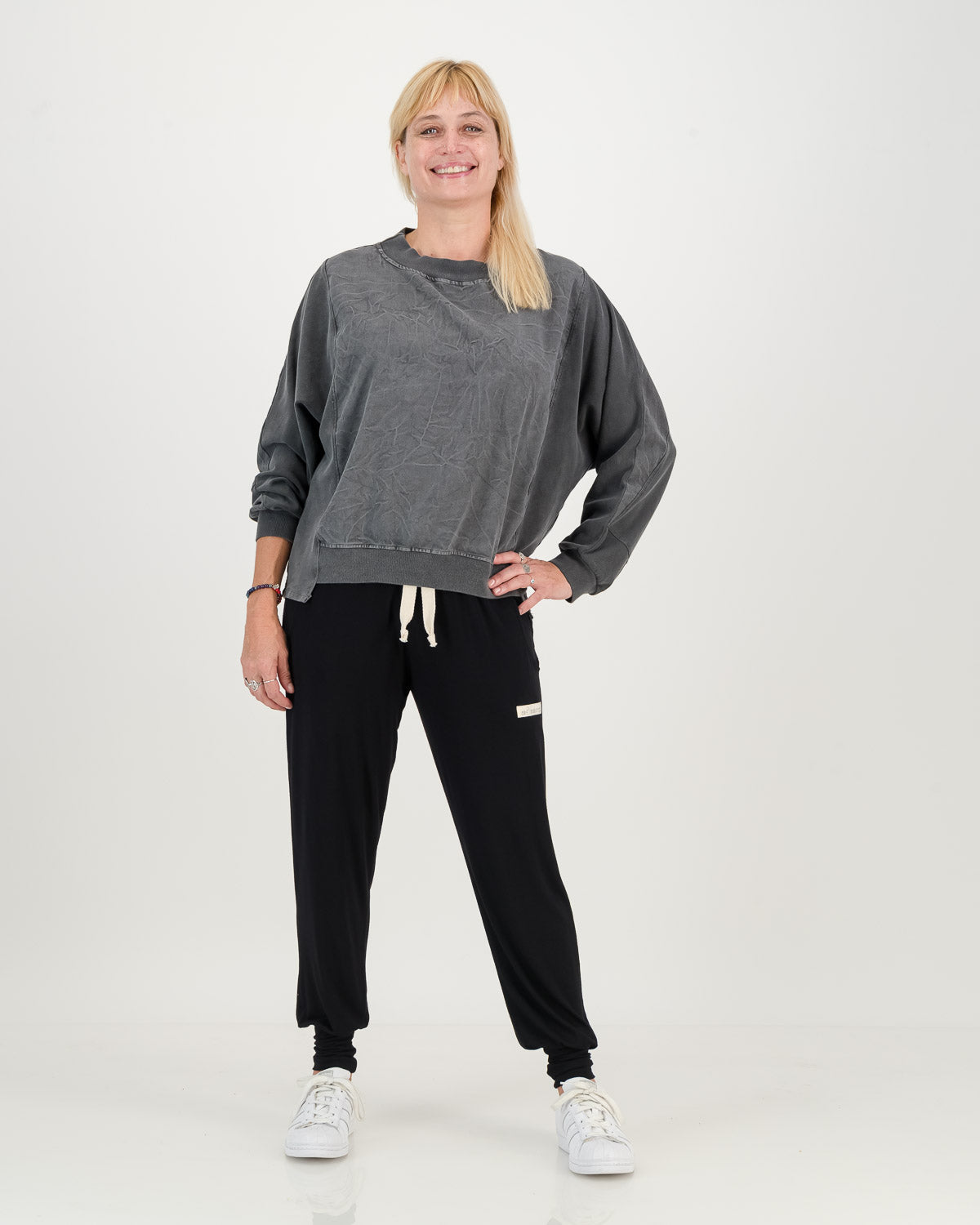 Batwing Overdyed Sweatshirt, charcoal color with black comfy pants