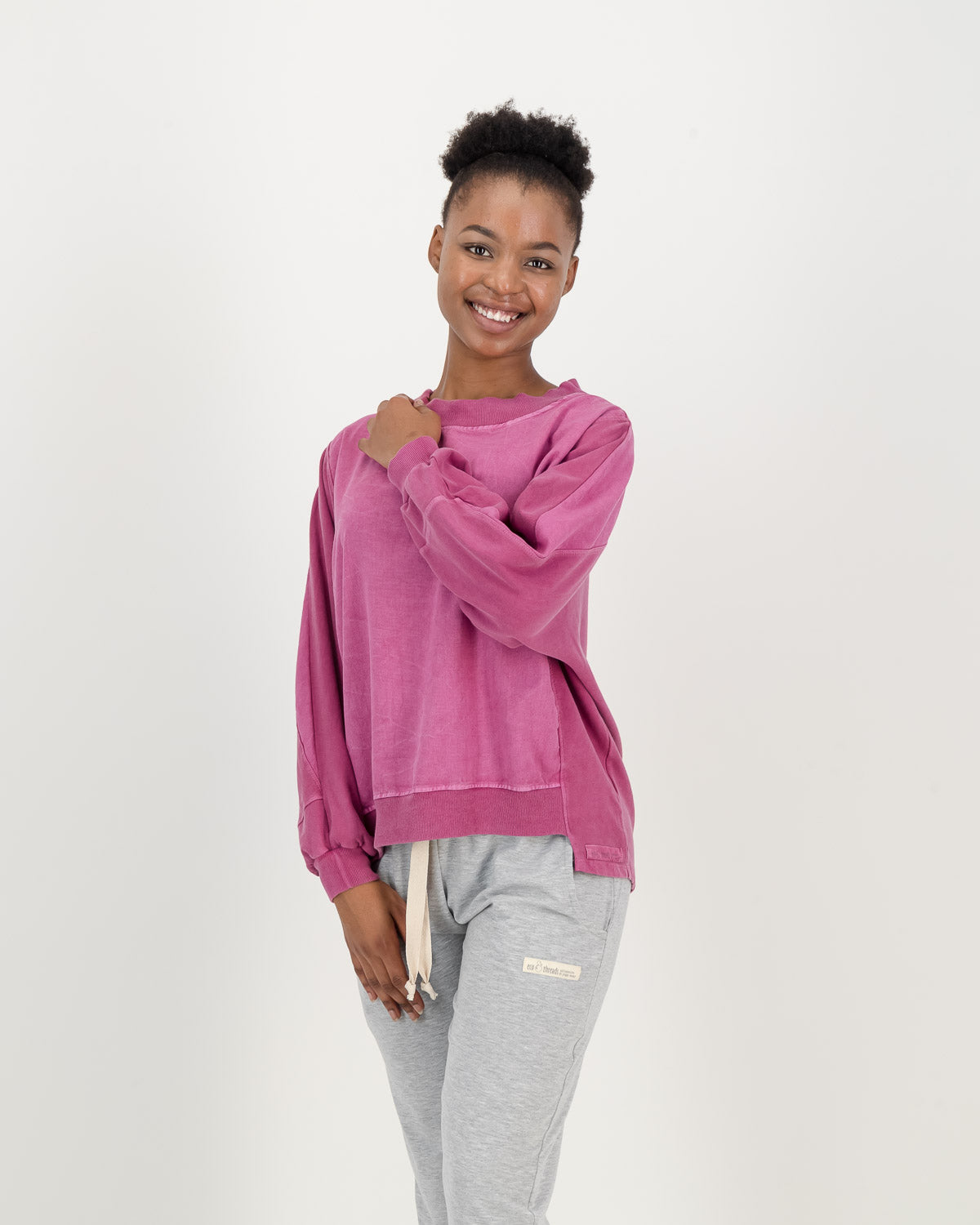 Batwing Overdyed Magenta Sweatshirt, loose fitting with light grey comfy pants