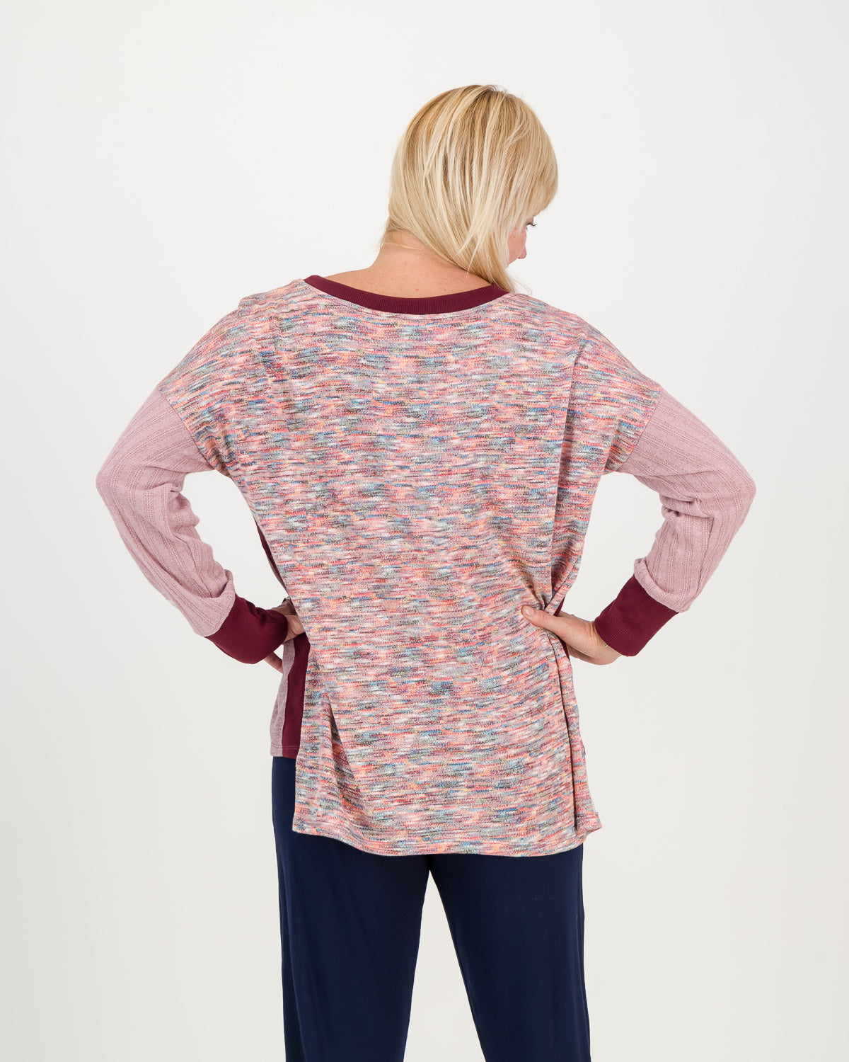 back view of Carefree casual lavender Jersey, boxy shape with longer back