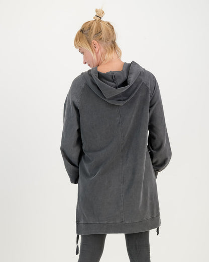 back view of Long Overdyed charcoal Hoodie with front pocket