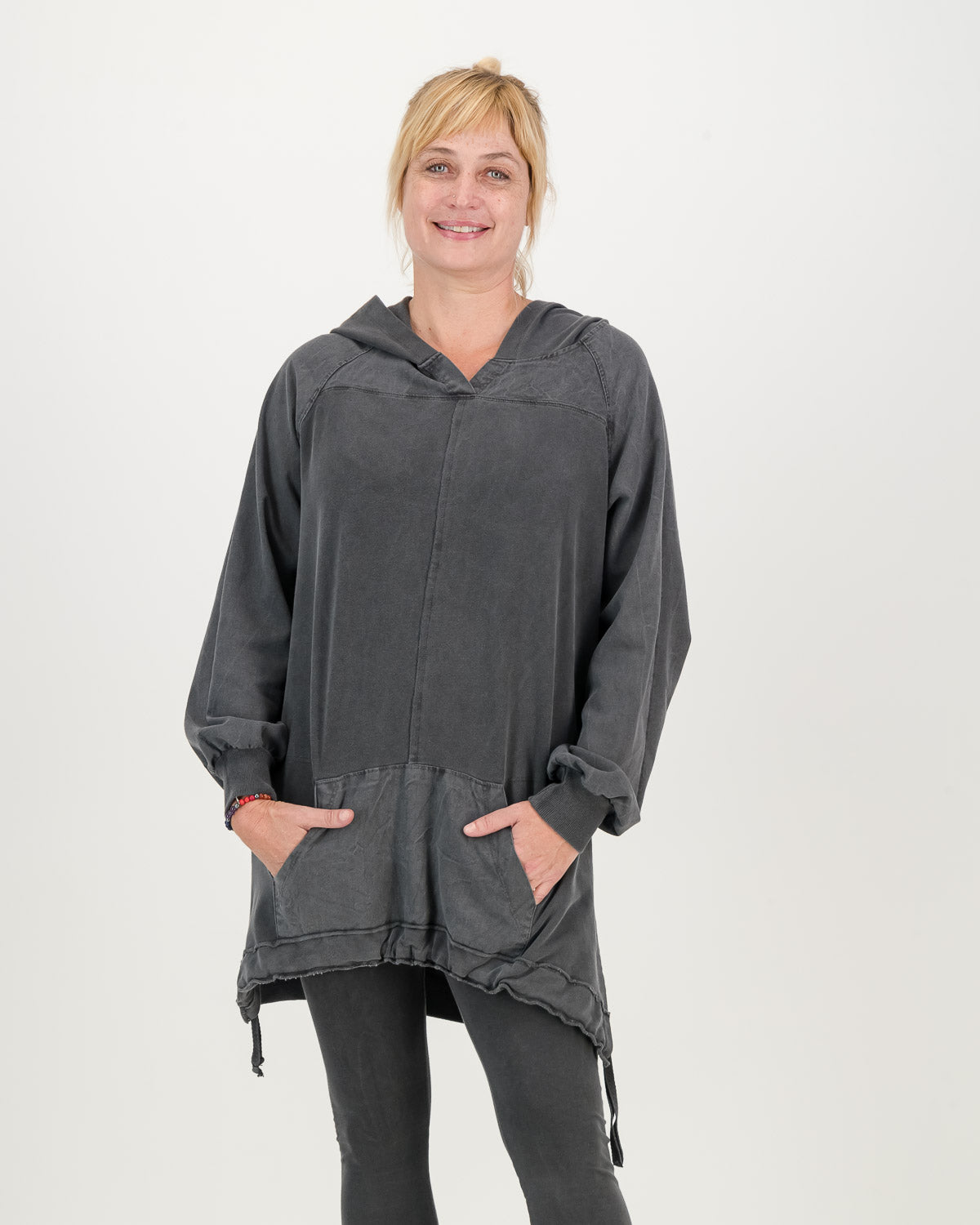 Long Overdyed charcoal Hoodie with front pocket