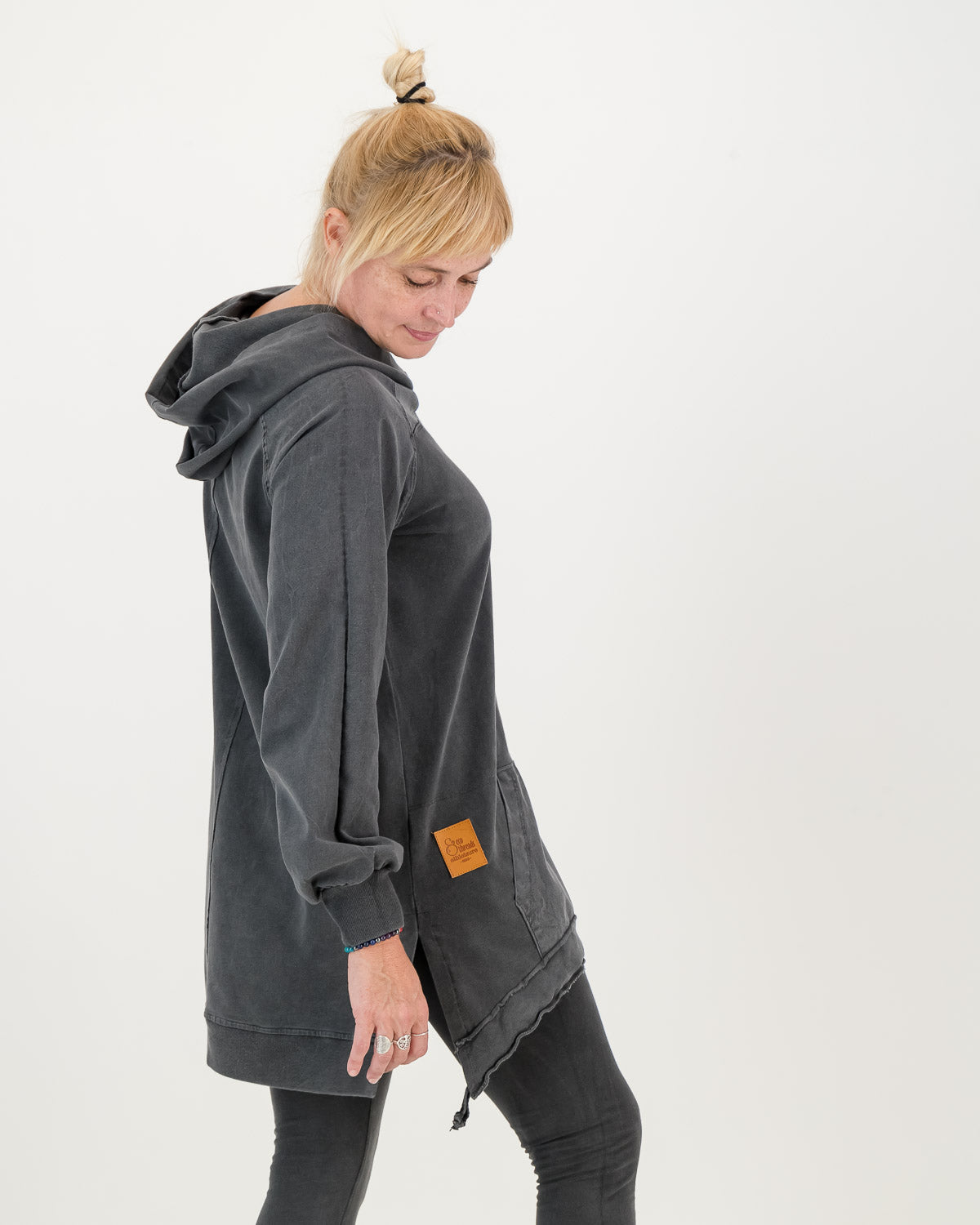 side view of Long Overdyed charcoal Hoodie with front pocket