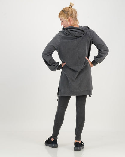 Long Overdyed charcoal Hoodie with front pocket, paired with matching cotton leggings
