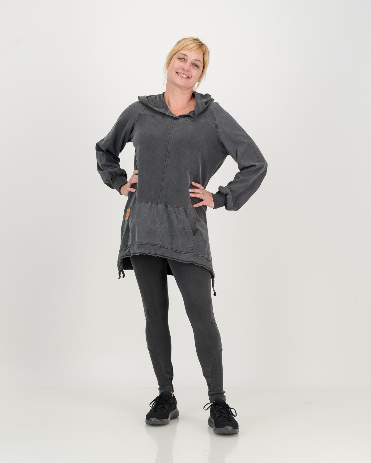 Long Overdyed charcoal Hoodie with front pocket, paired with matching cotton leggings