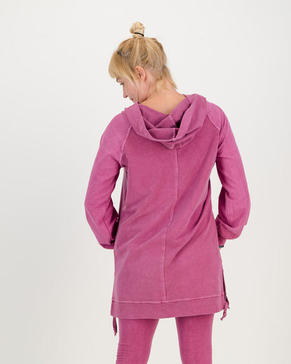 back view of Long Long Overdyed magenta Hoodie with front pocket