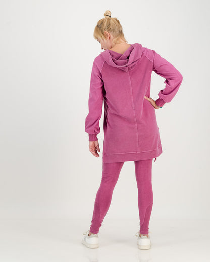 back view of Long Long Overdyed magenta Hoodie with front pocket and paired with matching cotton leggings