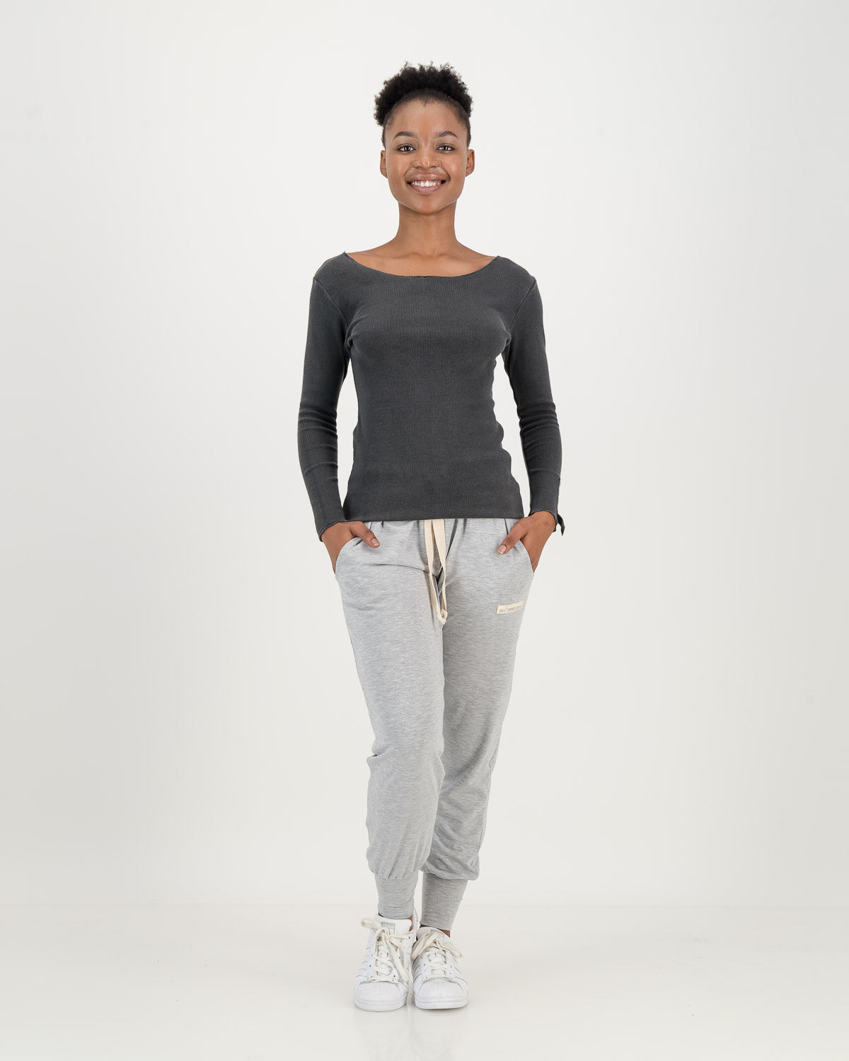 Overdyed Cotton charcoal Rib Top with light grey comfy pants
