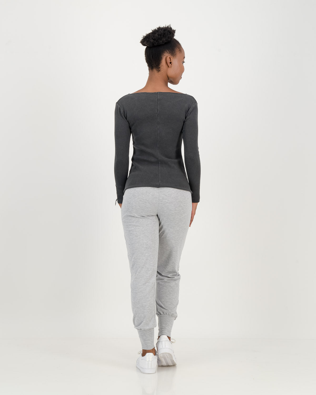 back view of Overdyed Cotton charcoal Rib Top with light grey comfy pants